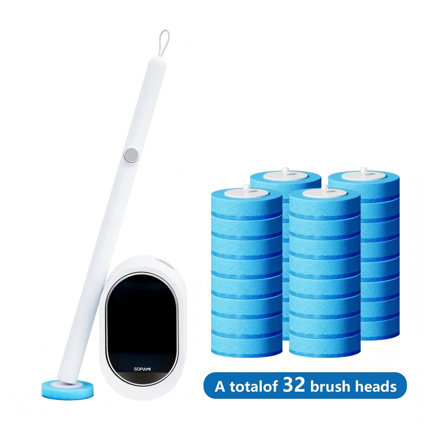 Disposable Toilet Brush Kit - 8/32 Refill Heads & Holder, Rotating No-Touch Deep Cleaner