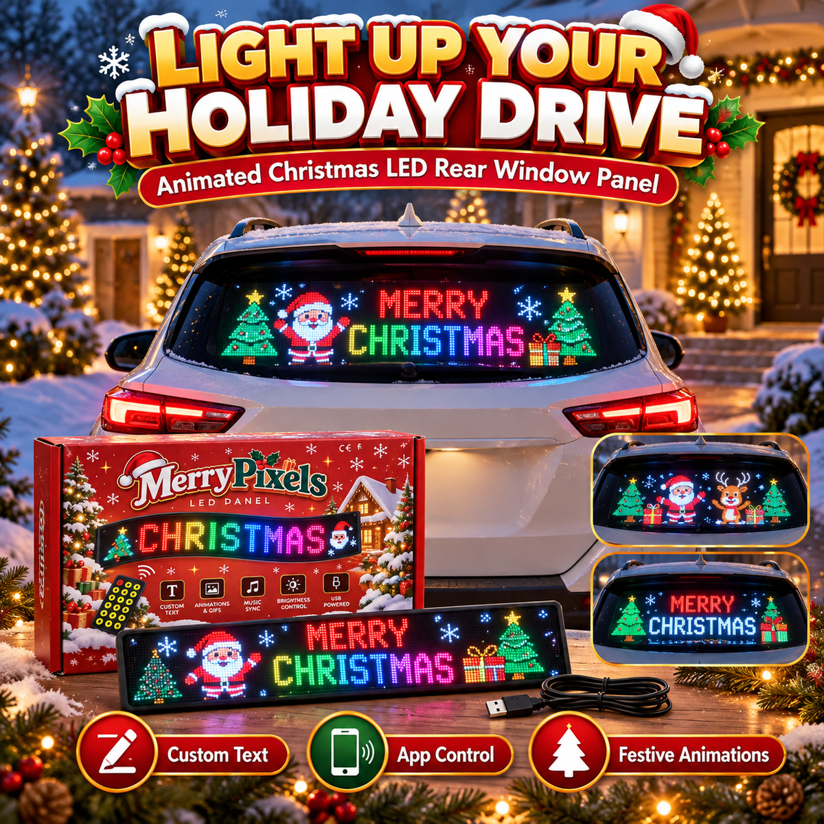 🔥50% OFF🎅 Animated Christmas LED Rear Window Panel – App Controlled Car Display✨