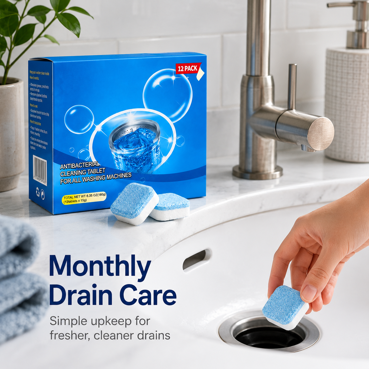 💥LAST DAY 49% OFF🫧Drain Cleaning Tablets 12 Pack For Sinks, Showers & Washing Machines