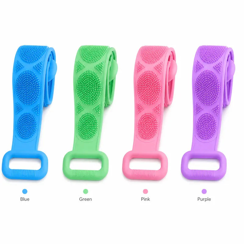 50% OFF🛁 Silicone Double Sided Exfoliating Back Scrubber, Long Strap Shower Body Bath Brush with Mesh Sponge