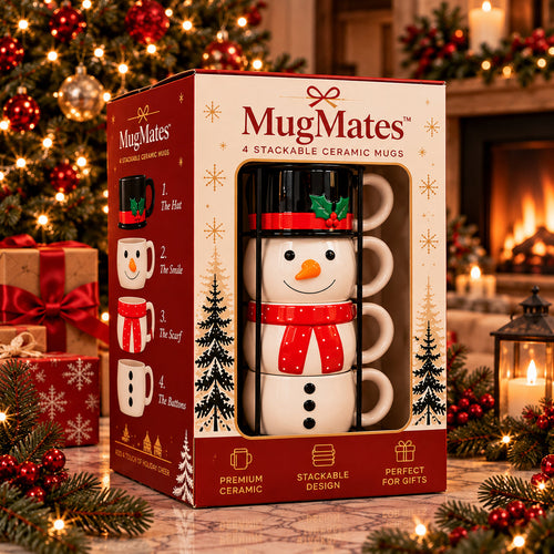 ☃️ Christmas Snowman Mug Set | 4 Ceramic Mugs with Display Stand
