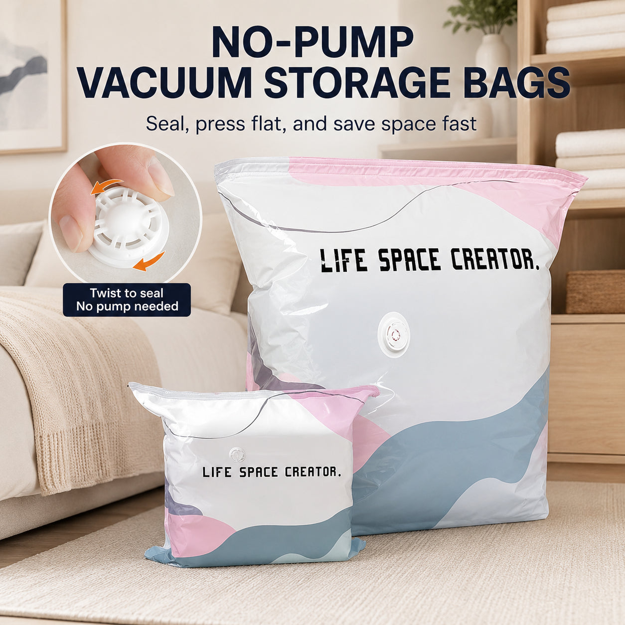 No Pump Vacuum Storage Bags, Reusable Space Saving Compression Bags for Clothes, Bedding, Travel & Moving