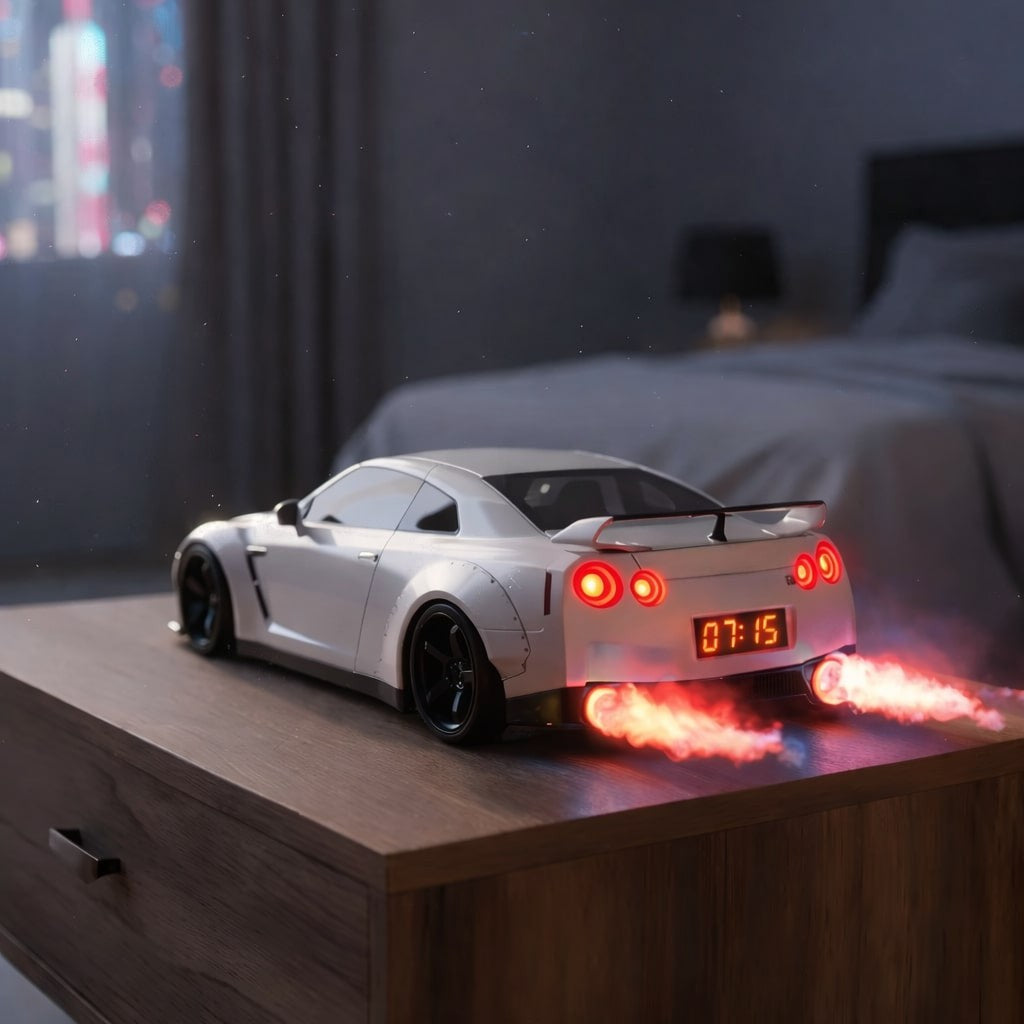 🏎️Hypercar Alarm Clock⏰GTR Sport Car Model Clock with Realistic Exhaust Flame, Smoke & LED Light Effects🔥