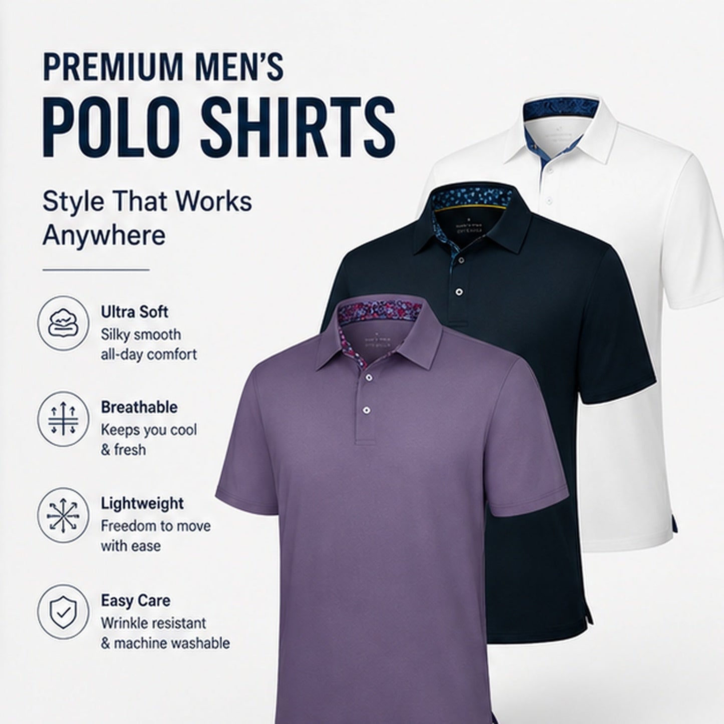 ⚡Hot Sales 49% OFF🔥3-Pack Men's Polo Shirts – Soft-Touch Short Sleeve Smart Casual Top for Work, Travel & Summer Wear