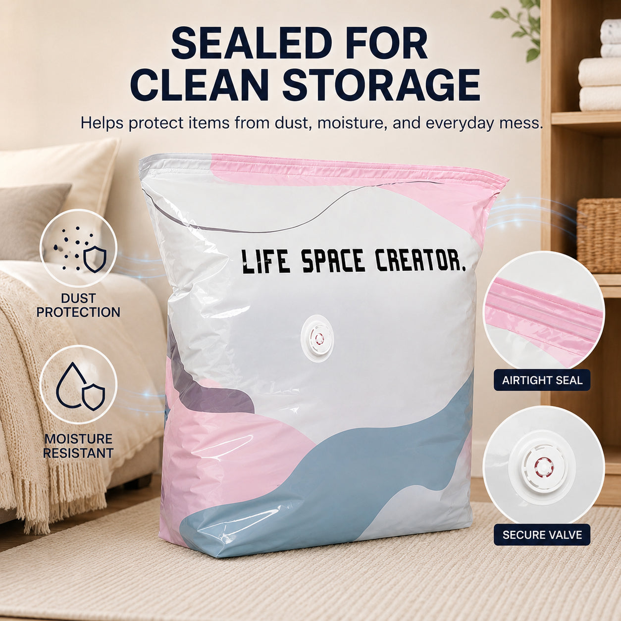 No Pump Vacuum Storage Bags, Reusable Space Saving Compression Bags for Clothes, Bedding, Travel & Moving