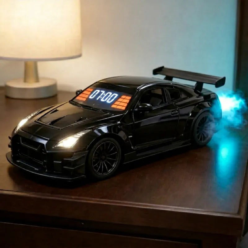 🏎️Hypercar Alarm Clock⏰GTR Sport Car Model Clock with Realistic Exhaust Flame, Smoke & LED Light Effects🔥