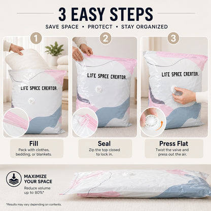No Pump Vacuum Storage Bags, Reusable Space Saving Compression Bags for Clothes, Bedding, Travel & Moving