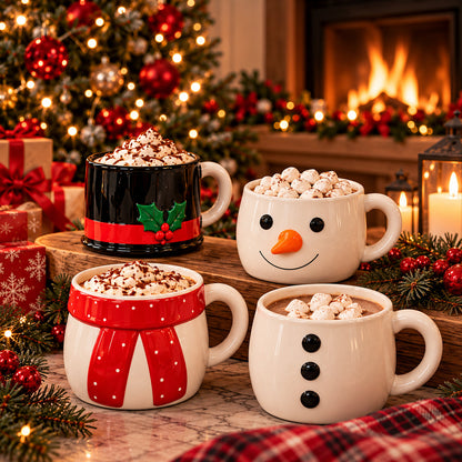 ☃️ Christmas Snowman Mug Set | 4 Ceramic Mugs with Display Stand