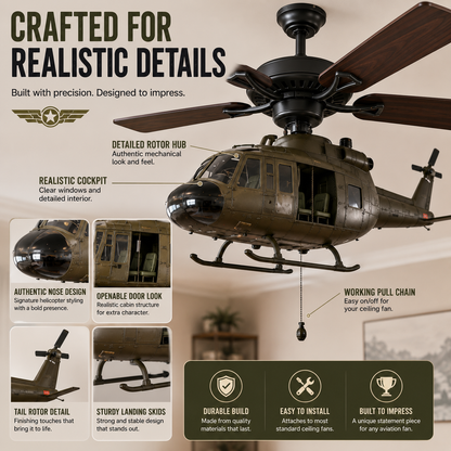 🛩️ Military Helicopter Ceiling Fan Decor – Realistic Hanging Ornament for Man Cave & Home