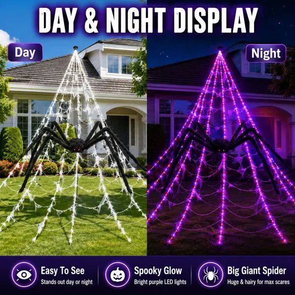 👻Halloween LED Spider Web Lights & Giant Black Spider Decor | 250 LEDs, 8 Modes, Remote Control✨