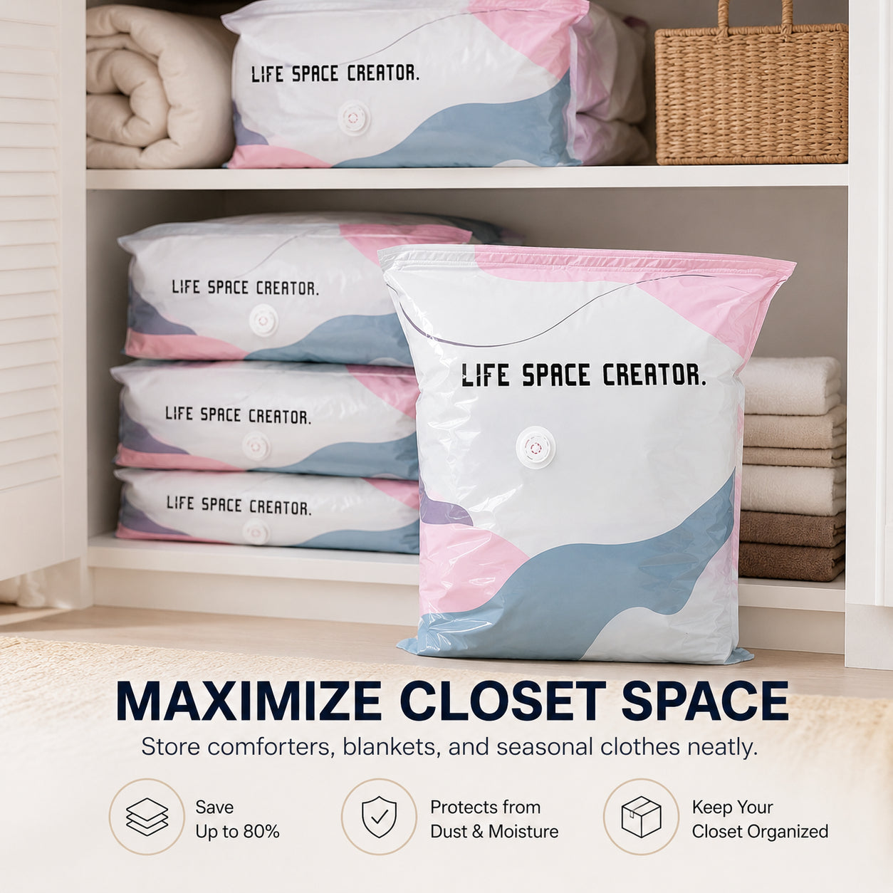 No Pump Vacuum Storage Bags, Reusable Space Saving Compression Bags for Clothes, Bedding, Travel & Moving