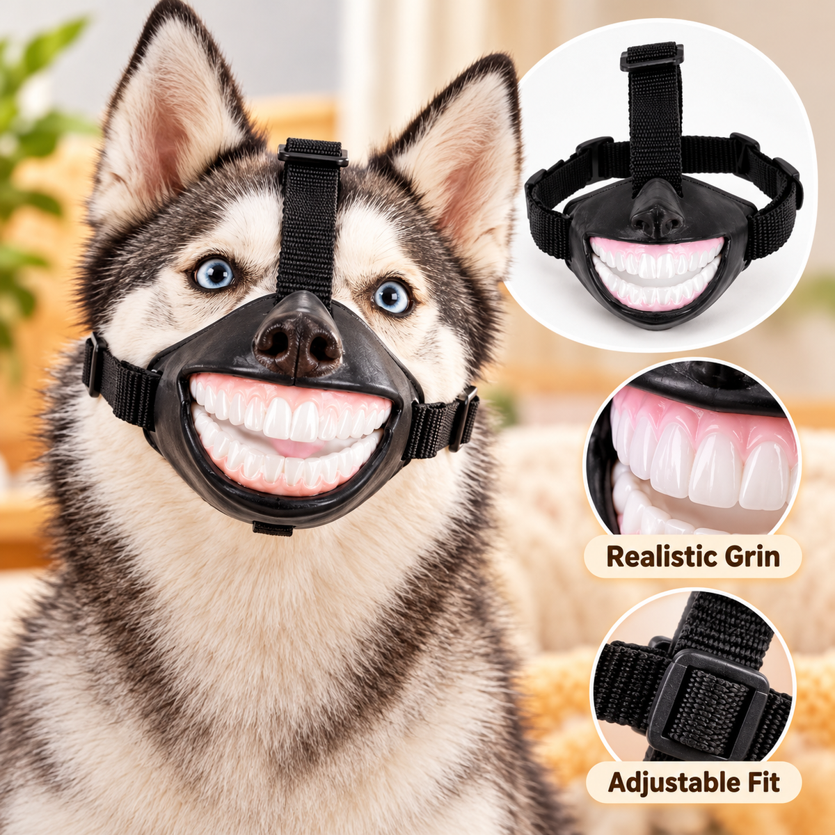 🤣 Give Your Dog a Hilarious New Smile! 🐶 Funny Dog Muzzle with Teeth – Adjustable Costume Mask