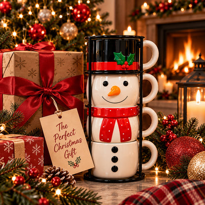 ☃️ Christmas Snowman Mug Set | 4 Ceramic Mugs with Display Stand