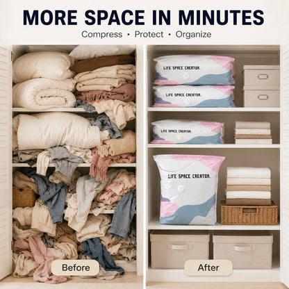 No Pump Vacuum Storage Bags, Reusable Space Saving Compression Bags for Clothes, Bedding, Travel & Moving