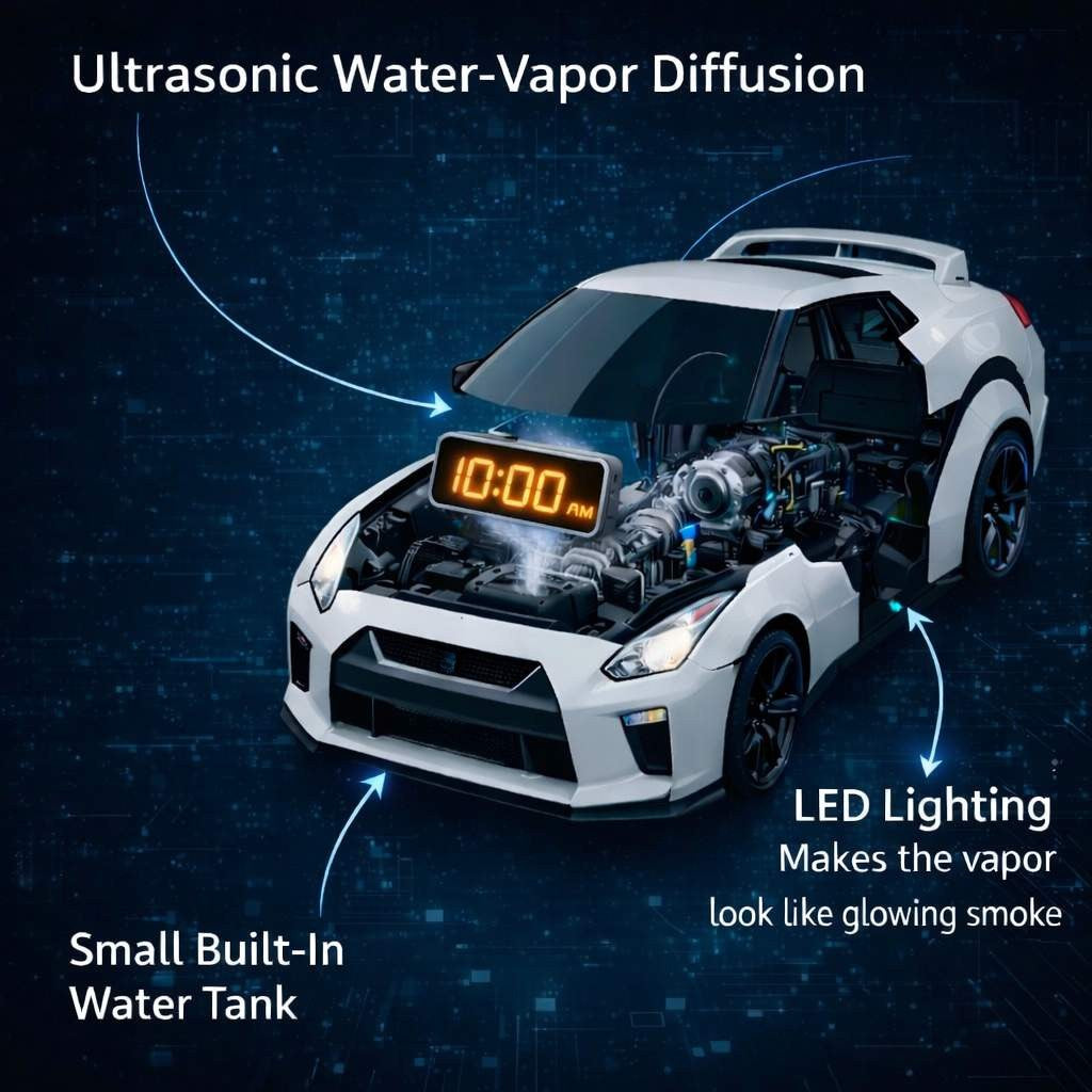 🏎️Hypercar Alarm Clock⏰GTR Sport Car Model Clock with Realistic Exhaust Flame, Smoke & LED Light Effects🔥