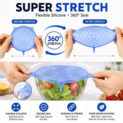 🥗6 Pack Silicone Stretch Lids, Reusable Food Grade Bowl Covers with 6 Sizes, Stretchable Silicone Sealing Lids for Bowls, Cups, Pots & Fruits