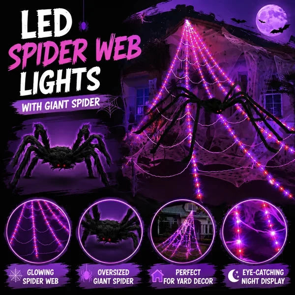 👻Halloween LED Spider Web Lights & Giant Black Spider Decor | 250 LEDs, 8 Modes, Remote Control✨