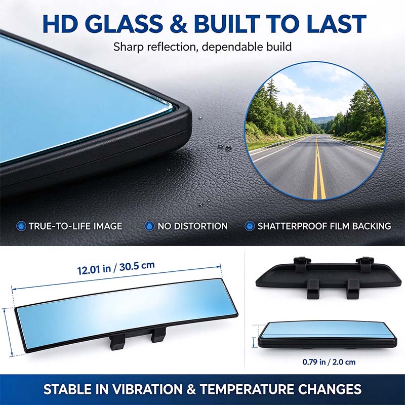 Panoramic rearview mirror glass and frame construction details