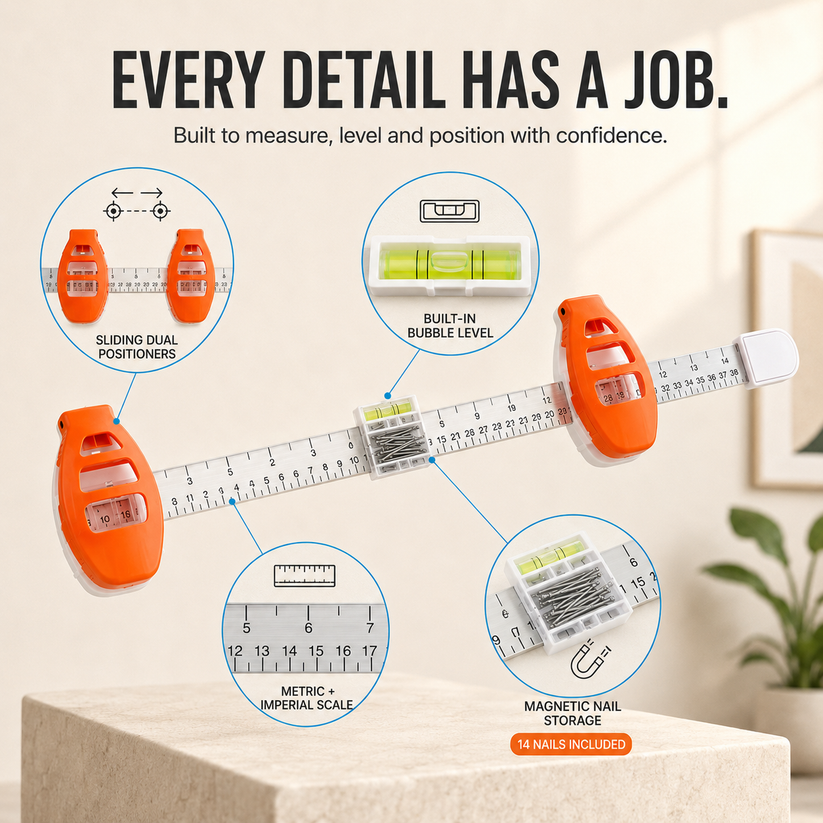 🔥 Limited-Time 49% OFF🖼️ All-in-One Picture Hanging Tool with Level & Dual Nail Positioners + 10/40 Nails