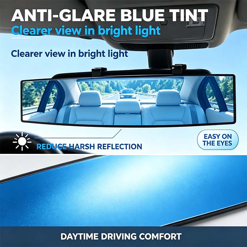 Blue-tinted rearview mirror glare-reduction feature illustration