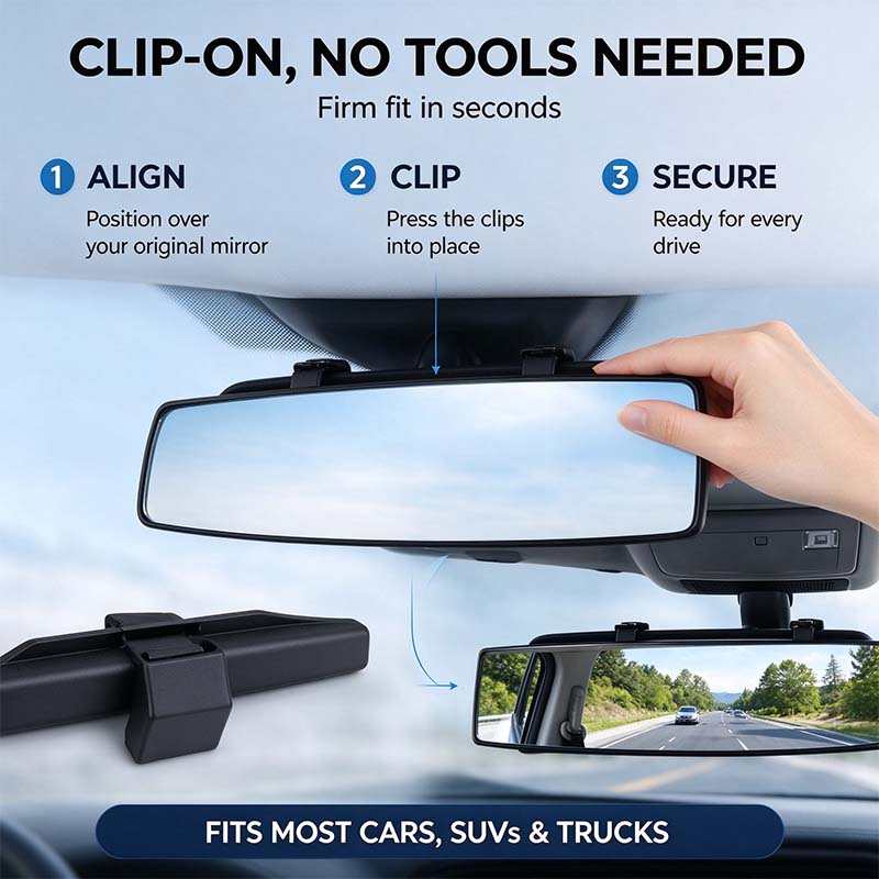 Clip-on panoramic rearview mirror attachment details