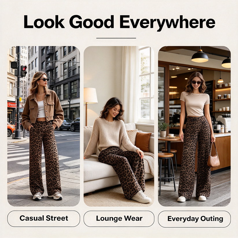 Leopard Print High Waist Wide Leg Pants · Stretchy Casual Trousers