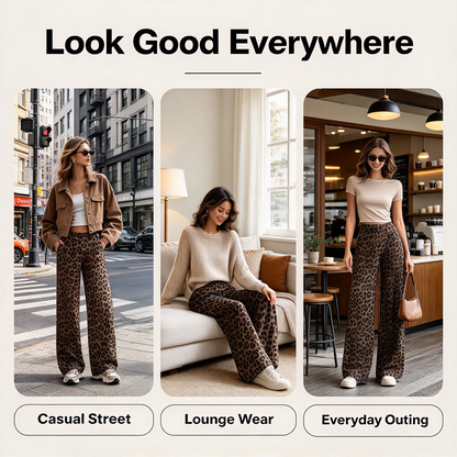 Leopard Print High Waist Wide Leg Pants · Stretchy Casual Trousers
