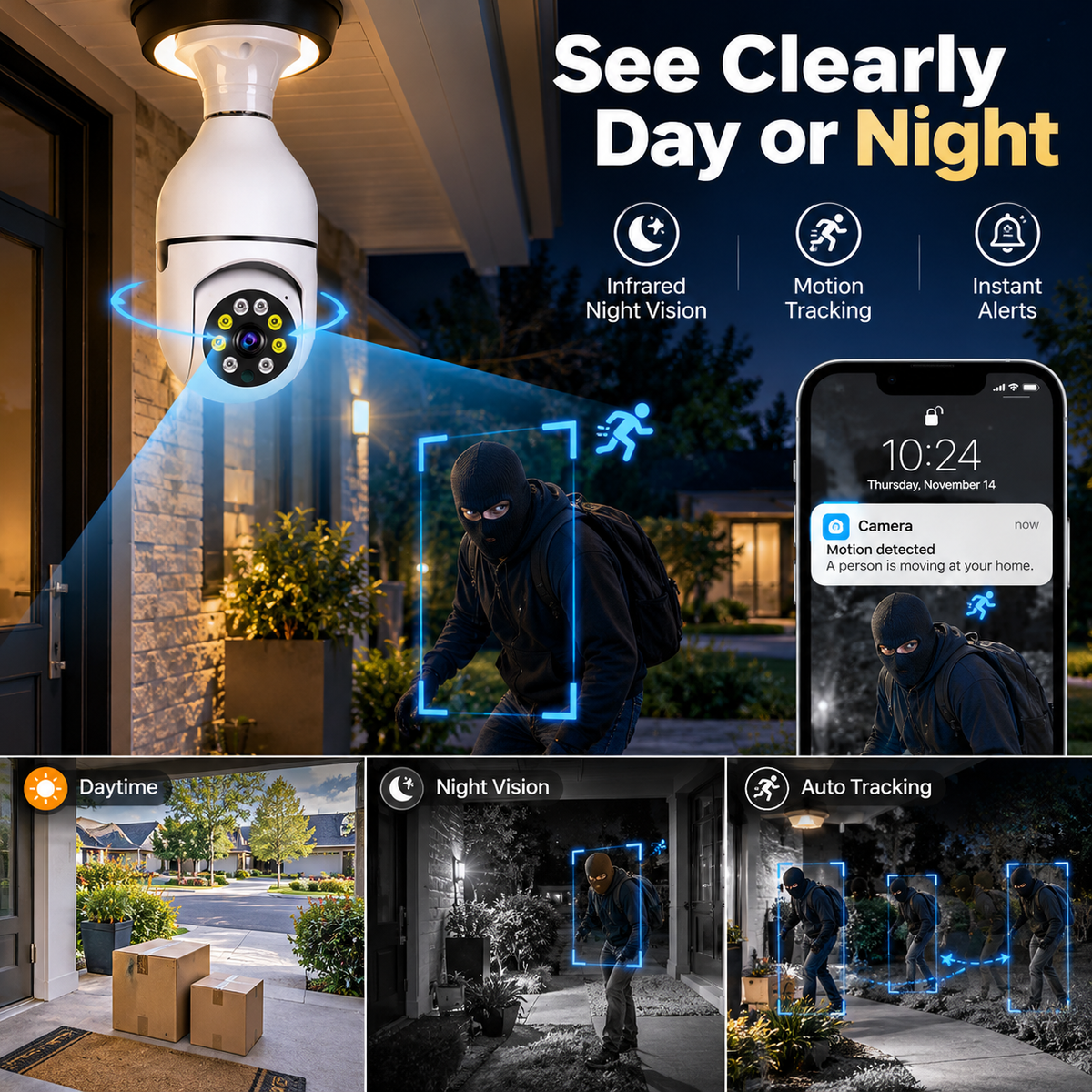 🔥 Limited-Time 50% OFF | Light Bulb Security Camera – Easy Screw-In Installation, 360° Pan & Tilt, Night Vision, Motion Alerts & Two-Way Audio