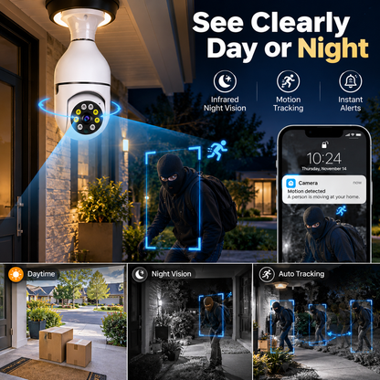 🔥 Limited-Time 50% OFF | Light Bulb Security Camera – Easy Screw-In Installation, 360° Pan & Tilt, Night Vision, Motion Alerts & Two-Way Audio