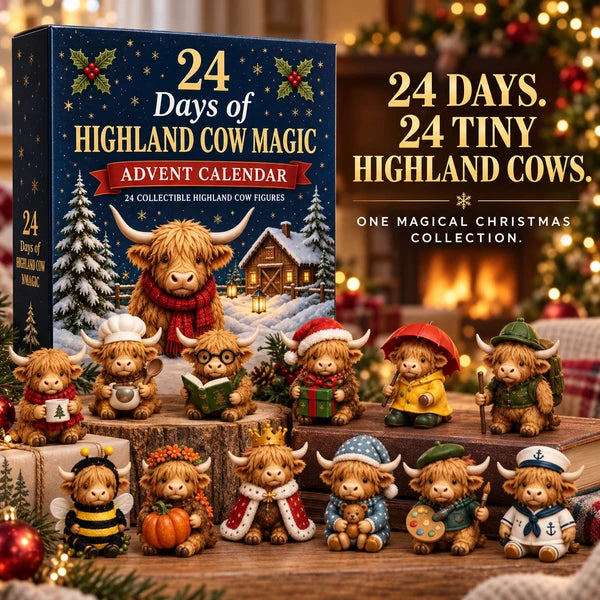 ⏳ Last Day 49% OFF –🐮24-Day Highland Cow Advent Calendar, Christmas Countdown Gift Box with Collectible