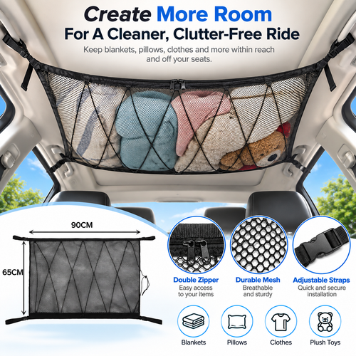 🔥 Limited-Time 49% OFF |🚙Overhead Storage Net – Double Zipper Car Ceiling Organize🏕️