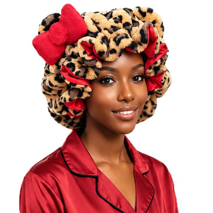 🎀 Cute & Cozy Leopard Plush Satin-Lined Bonnet 🐆 | Adjustable Hair Sleep Cap — Best Gift for Her 💕