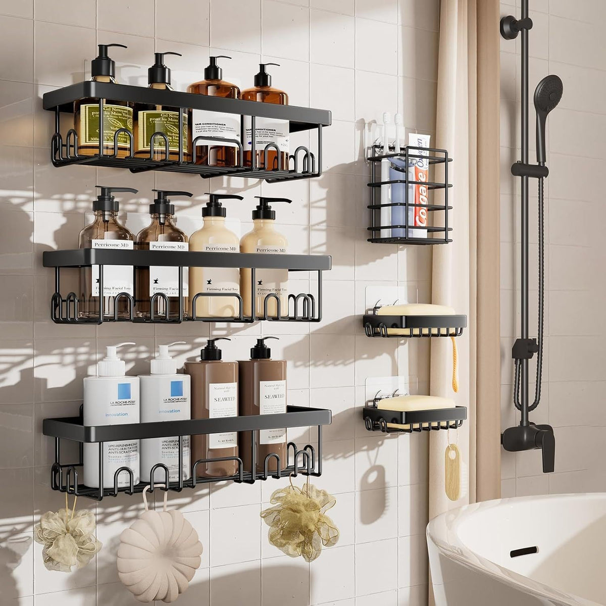 🔥Limited-Time 49% OFF 🗄️ 3/6-Piece Rustproof Shower Caddy Set | Drill-Free Wall Storage