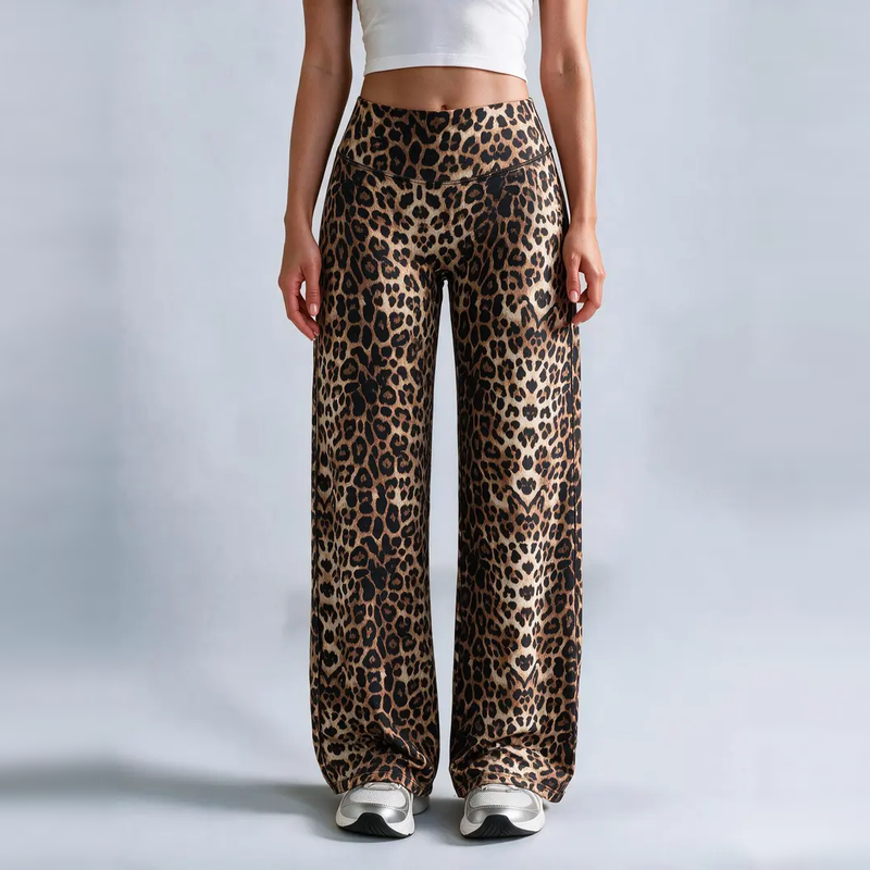 Leopard Print High Waist Wide Leg Pants · Stretchy Casual Trousers