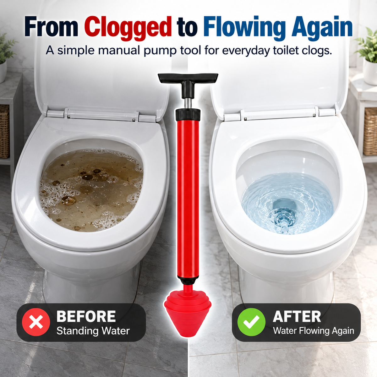 🚽 Manual Air-Pressure Toilet Plunger | Powerful Pump-Action Drain Unclogger 💨