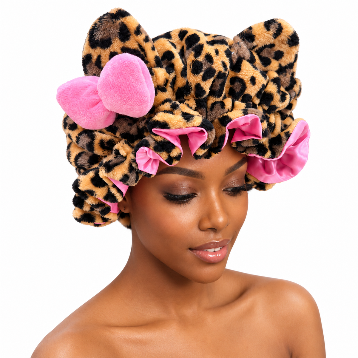 🎀 Cute & Cozy Leopard Plush Satin-Lined Bonnet 🐆 | Adjustable Hair Sleep Cap — Best Gift for Her 💕