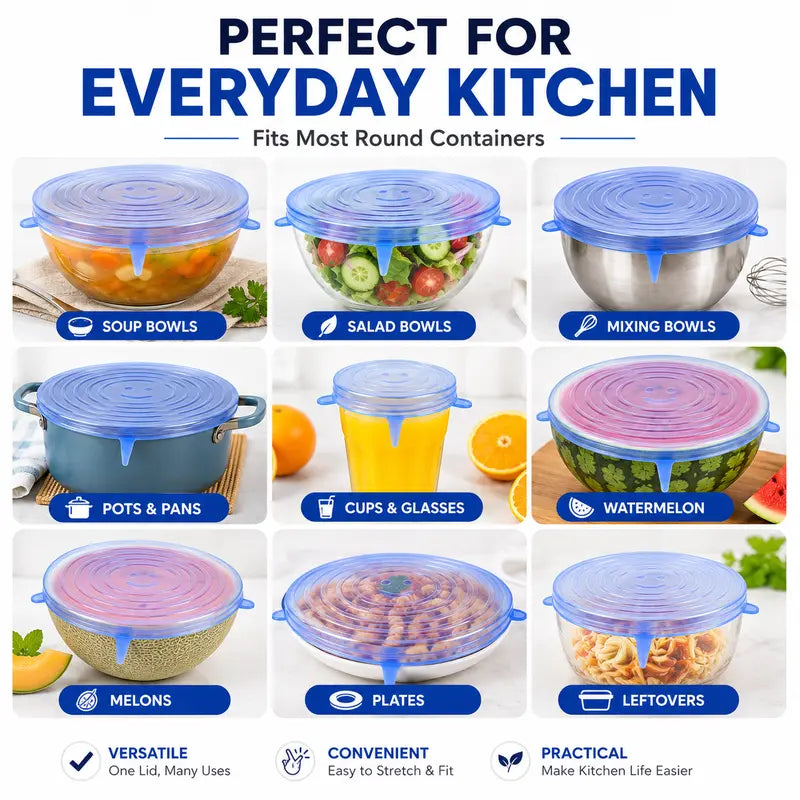 🔥LAST DAY 50% OFF🥗 6-Pack Silicone Stretch Lids – Reusable♻️, BPA-Free & Leak-Proof Covers for Bowls, Pots, Cups & Fruits