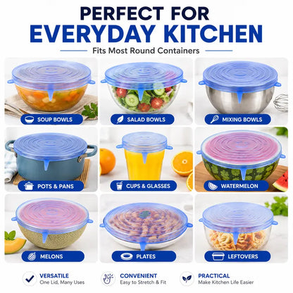🔥LAST DAY 50% OFF🥗 6-Pack Silicone Stretch Lids – Reusable♻️, BPA-Free & Leak-Proof Covers for Bowls, Pots, Cups & Fruits
