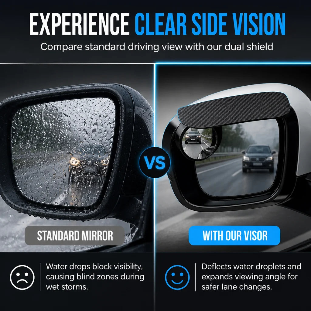🔥 49% OFF - 🌧️ 2-in-1 Car Mirror Rain Visor + 360° Blind Spot Mirror · Clip-On Carbon Fiber Style