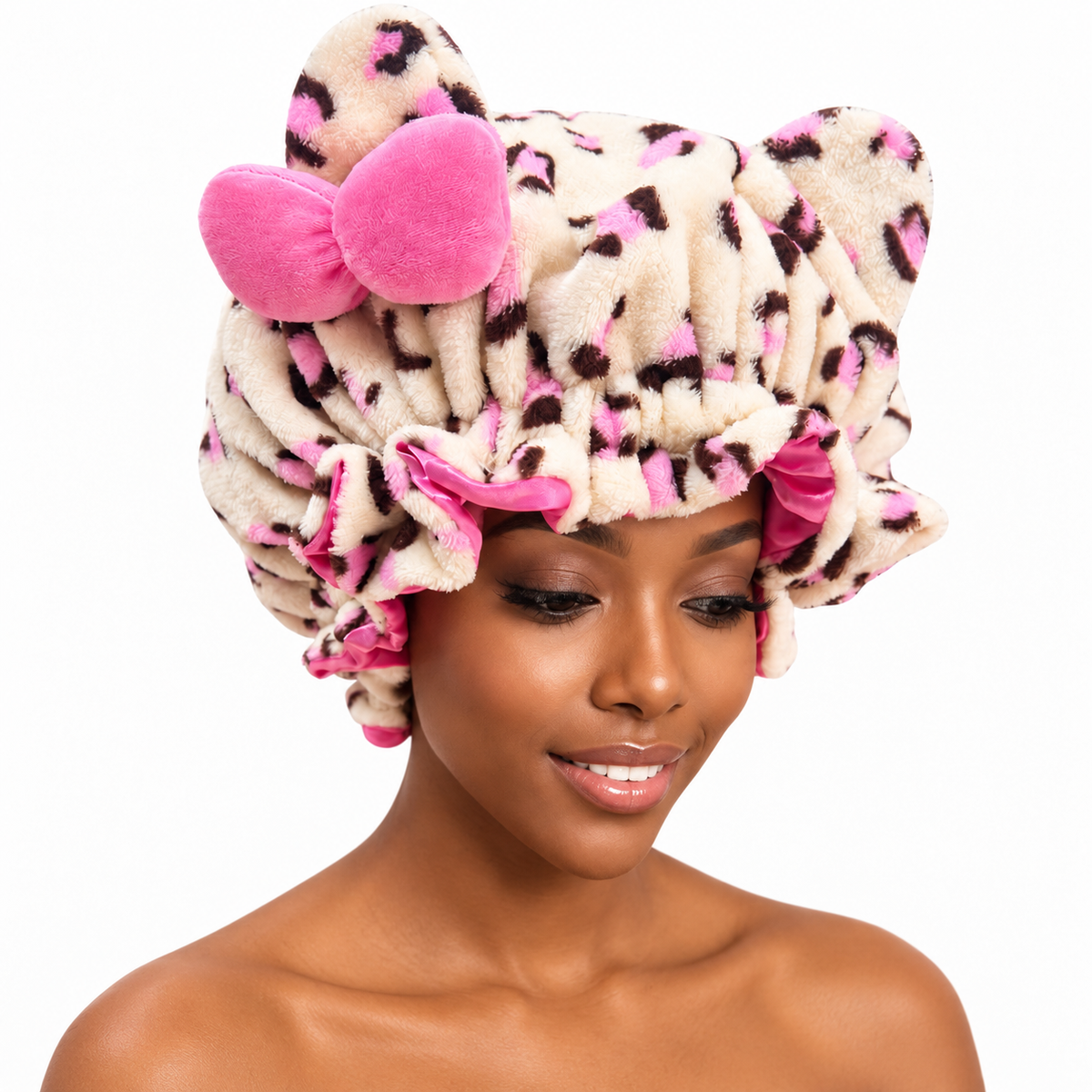 🎀 Cute & Cozy Leopard Plush Satin-Lined Bonnet 🐆 | Adjustable Hair Sleep Cap — Best Gift for Her 💕