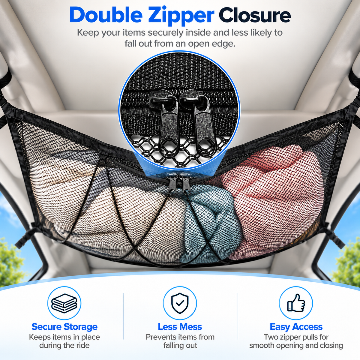 🔥 Limited-Time 49% OFF |🚙Overhead Storage Net – Double Zipper Car Ceiling Organize🏕️