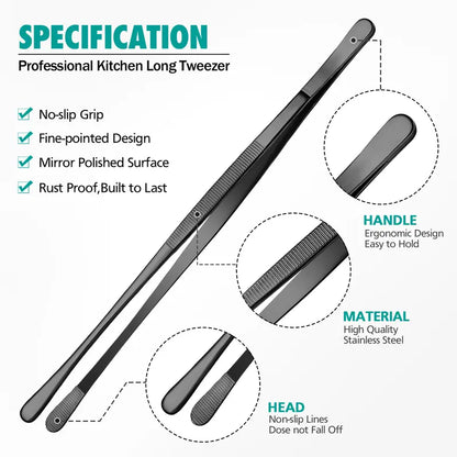 🍴 Stainless Steel Cooking Tweezers | 10" & 12" Precision Kitchen Tongs