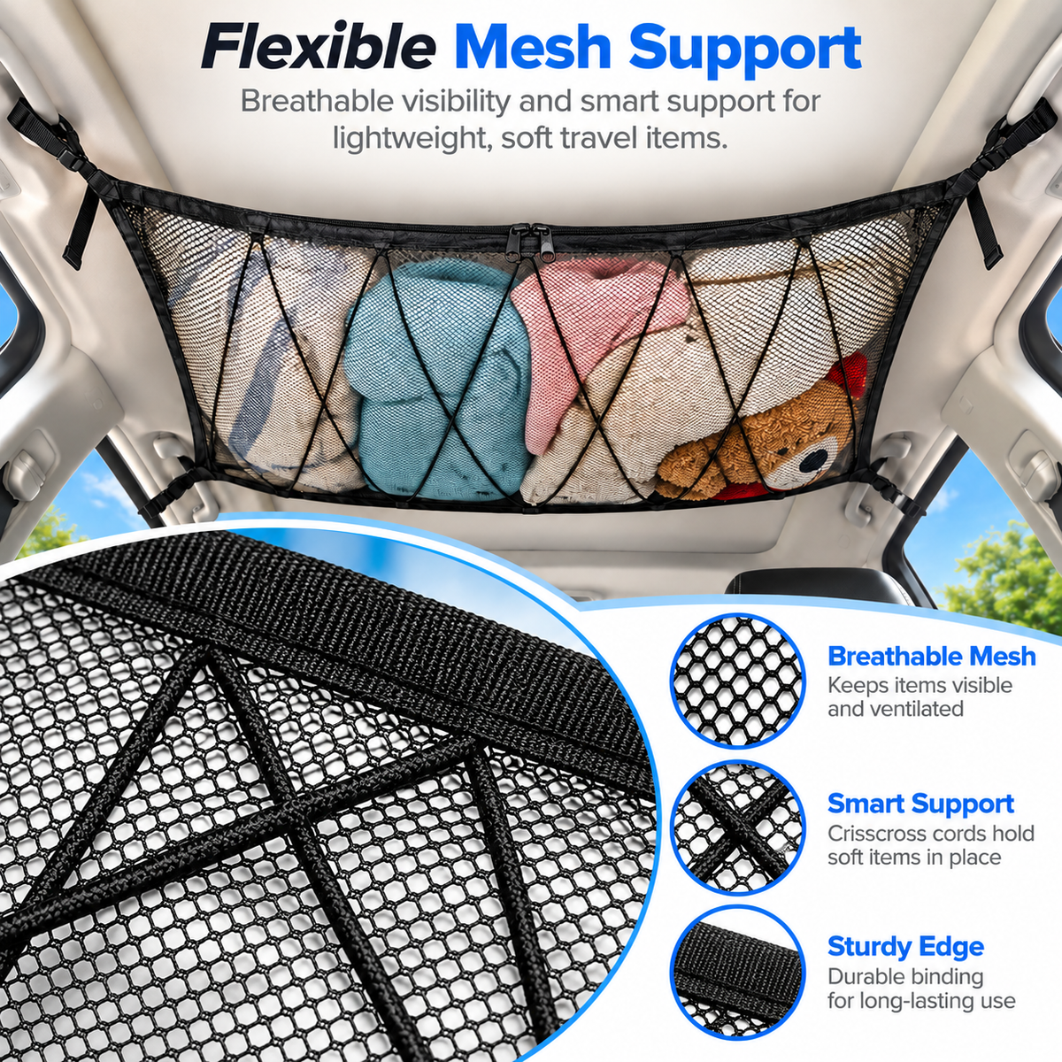 🔥 Limited-Time 49% OFF |🚙Overhead Storage Net – Double Zipper Car Ceiling Organize🏕️