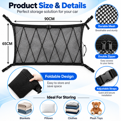 🔥 Limited-Time 49% OFF |🚙Overhead Storage Net – Double Zipper Car Ceiling Organize🏕️