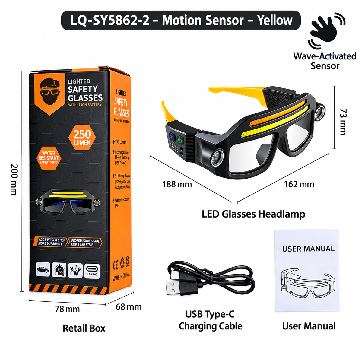 LED Glasses Headlamp 👓💡Hand-Wave Sensor, 5 Modes, IPX4 Waterproof