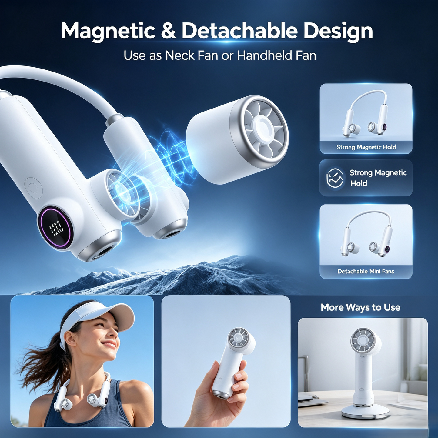 Detachable Magnetic Neck Fan, 360° Adjustable Portable Bladeless Fan