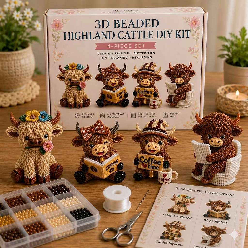 3D Highland Cow DIY Bead Kit – 8 Adorable Handmade Cow Designs Craft Set