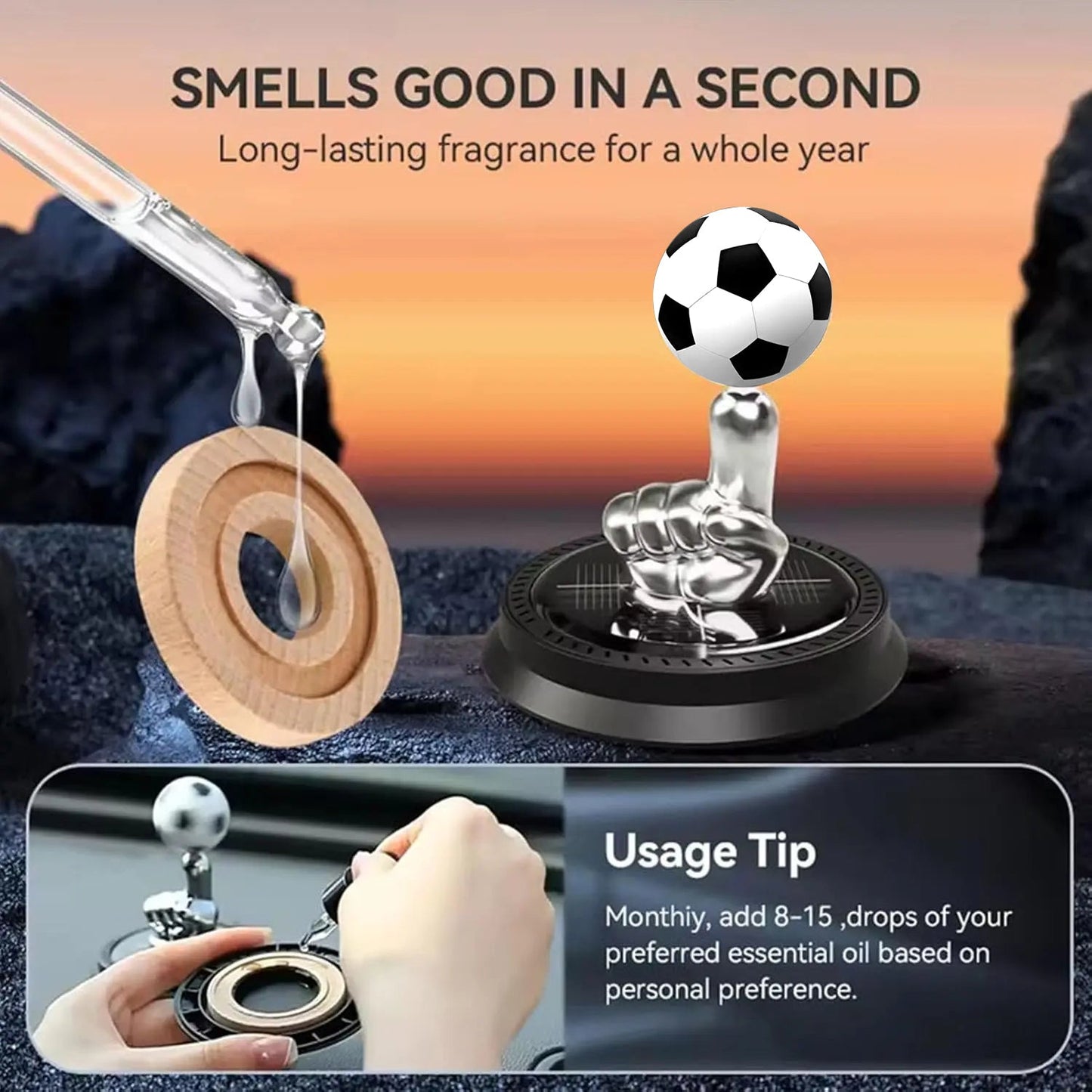 Solar Powered Rotating Soccer Ball Car Air Freshener – Essential Oil Diffuser for Football Fans