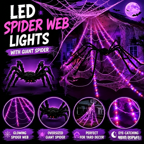 👻Halloween LED Spider Web Lights & Giant Black Spider Decor | 250 LEDs, 8 Modes, Remote Control✨