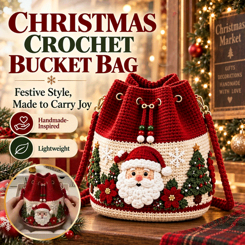 🎄 3D Crochet Christmas Bucket Bag ✨ Festive Crossbody Purse with Detachable Strap